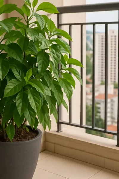 Ora pro nobis em vaso grande na sacada de apartamento com folhas verdes abundantes