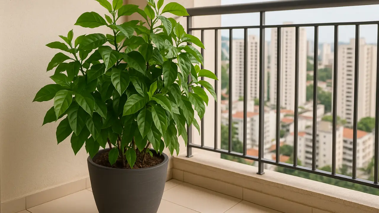 Ora pro nobis em vaso grande na sacada de apartamento com folhas verdes abundantes