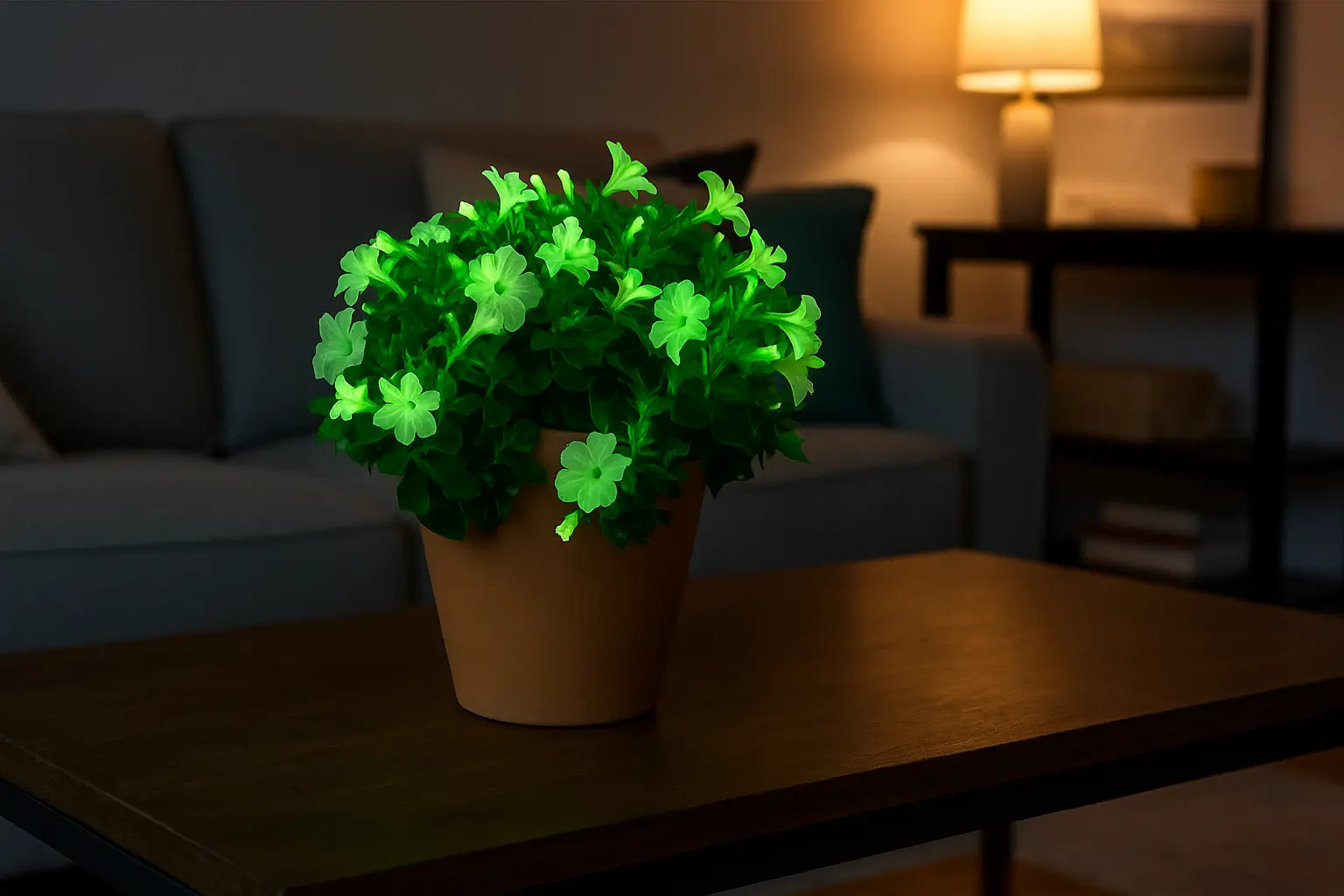 Plantas que Brilham no Escuro em Vasos sobre uma mesa na sala